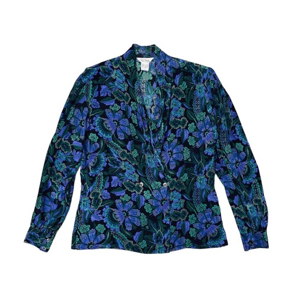 Paul Stanley Vintage Silk Blouse Women's Size Small Blue Green Floral Draped - Picture 1 of 11